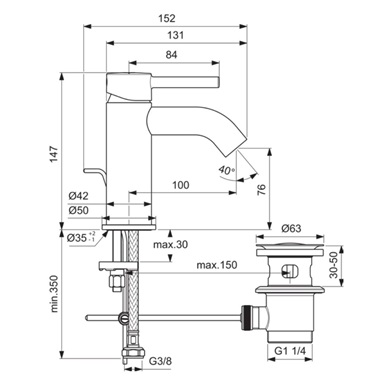 Ideal Standard  Ceraline mosdócsaptelep lefolyógarnitúrával, Silk Black