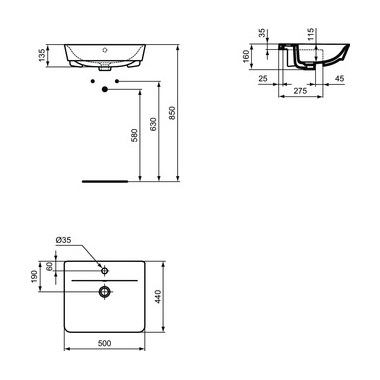 Ideal Standard Connect Air félig beépített mosdó egy csaplyukkal 50 cm
