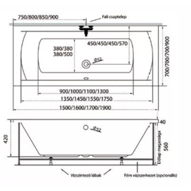 M-Acryl  Helena egyenes kád 150x70 cm, lábbal
