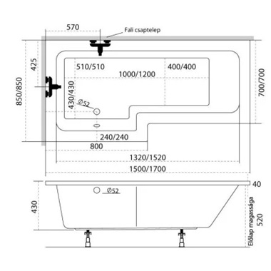 M-Acryl Linea kád 170x70/85 cm, lábbal