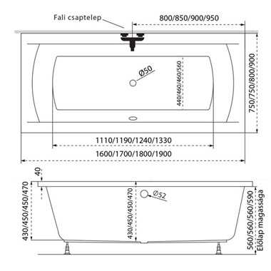M-Acryl Noé egyenes kád lábbal 170x75 cm
