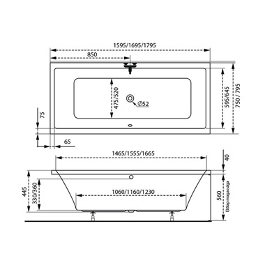 M-Acryl Sabina egyenes kád 170x75 cm, lábbal