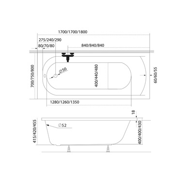 M-Acryl Mira Slim egyenes kád 170x70 cm, lábbal