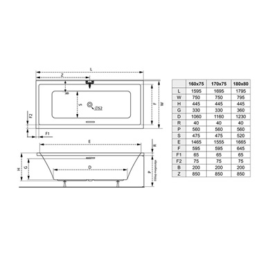 M-Acryl Sabina Pro egyenes kád vízszintes túlfolyóval 170x75 cm, kádlábbal, fehér