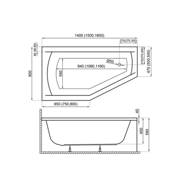 M-Acryl Venus asszimetrikus kád 140x90cm, balos