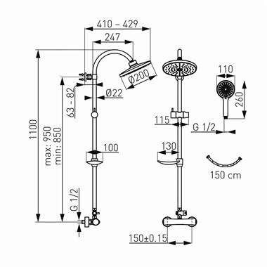 Novaservis kombi zuhanyrendszer felső csatlakozó termosztátos  csapteleppel