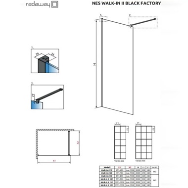 Radaway Nes Black Walk-in II Factory zuhanyfal 90 cm