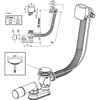 Ravak kád  le-és túlfolyószett 570 mm, bowdenes, króm (kádfeltöltés a túlfolyónál)