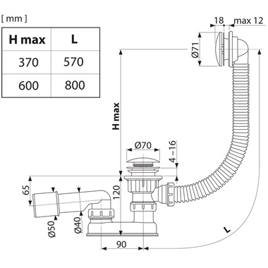Ravak kád le-és túlfolyószett 570 mm, Click-Clack, fekete