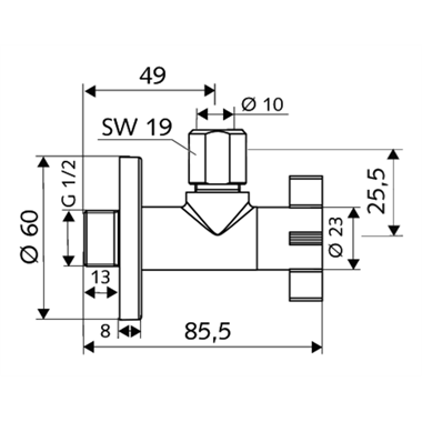 Schell design sarokszelep 1/2"-3/8", 4 Wing