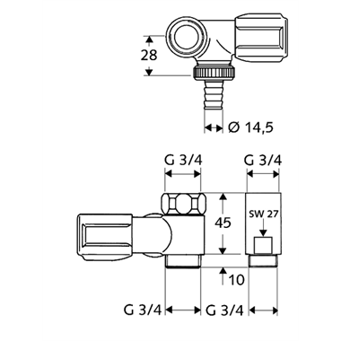 Schell Comfort mosógépcsap 3/4" bal + csaphosszabbító