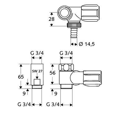Schell Comfort mosógépcsap 3/4" jobb + csaphosszabbító