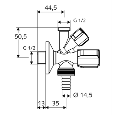Schell Comfort sarokszelep kombinált 1/2"-3/4"-1/2"