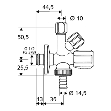 Schell  Comfort sarokszelep kombinált ASAG 3/8"-3/4"-3/8"