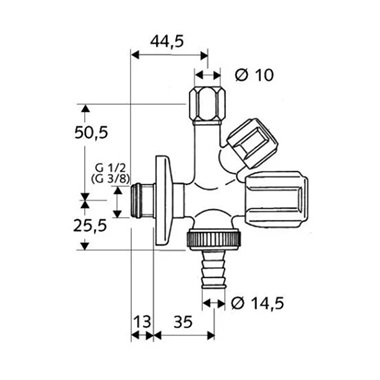Schell Comfort kombinált sarokszelep, tömlővéges 1/2" 3/4"-3/8"