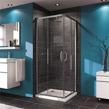Technik Sanitary X1 (Hüppe) sarokbelépős, szögletes tolóajtós zuhanykabin, 90x90 cm, króm szerelvények